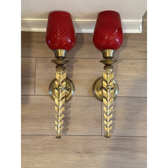 Bombay & Co Gold Leaf Wall Sconces Pair Red Glass Shades Interchangeable - Picture 8 of 14